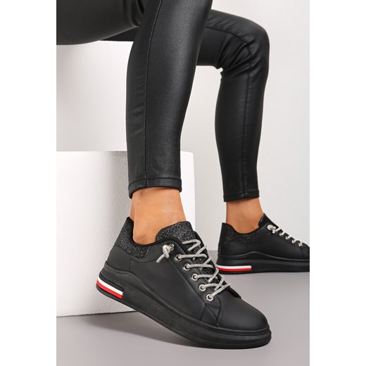 Czarne Sneakersy Ozdobione Brokatem z Cyrkoniami na Sznurowadłach Nilena ze sklepu renee.pl w kategorii Buty sportowe damskie - zdjęcie 173198415