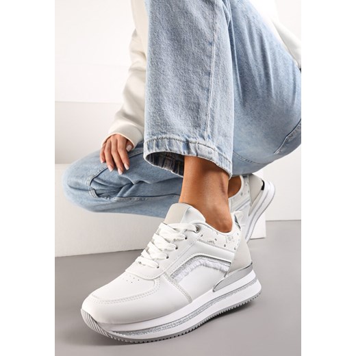 Białe Sznurowane Sneakersy na Grubej Podeszwie z Cekinami i Brokatem Zallie ze sklepu renee.pl w kategorii Buty sportowe damskie - zdjęcie 173198526