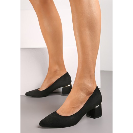 Czarne Czółenka ze Skórzaną Wkładką Cholewką z Ekozamszu i Metaliczną Wstawką Renee 39 renee.pl
