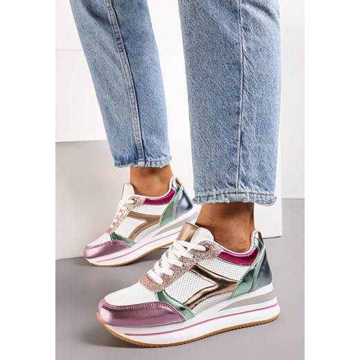 Biało-Różowe Sneakersy na Grubej Podeszwie w Paski Zdobione Brokatem Selarissa Renee 37 renee.pl
