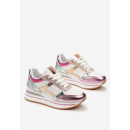 Biało-Różowe Sneakersy na Grubej Podeszwie w Paski Zdobione Brokatem Selarissa Renee 37 renee.pl