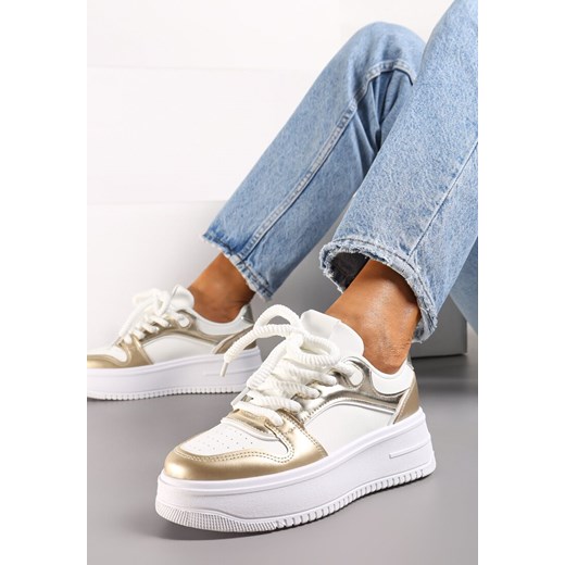 Biało-Złote Sneakersy z Cholewką z Licznymi Wstawkami na Grubej Podeszwie Lenarise ze sklepu renee.pl w kategorii Buty sportowe damskie - zdjęcie 173200029