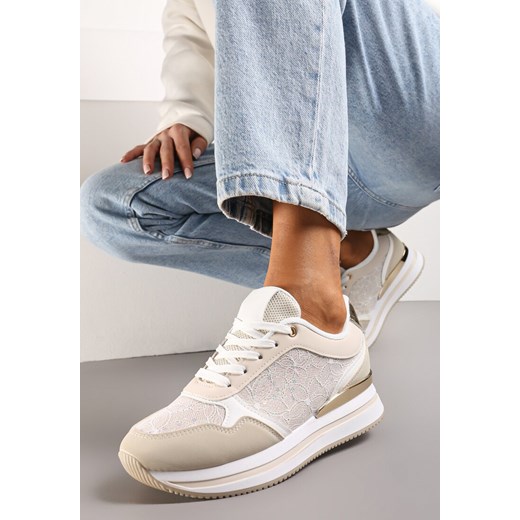 Beżowe Sneakersy na Grubej Podeszwie z Brokatem i Metaliczną Wstawką Velari ze sklepu renee.pl w kategorii Buty sportowe damskie - zdjęcie 173200569