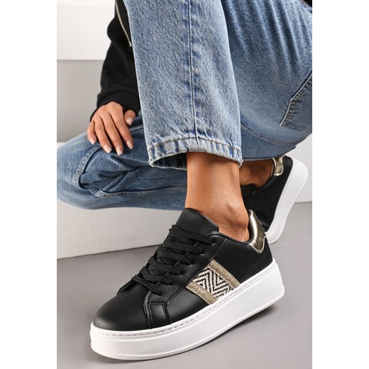Czarne Sneakersy z Metaliczną Wstawką na Grubej Podeszwie z Ozdobną Taśmą z Brokatem Qinessa ze sklepu renee.pl w kategorii Buty sportowe damskie - zdjęcie 173201039