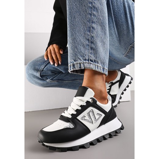 Czarne Sneakersy z Szerokim Protektorem i Brokatową Naszywką Afradia ze sklepu renee.pl w kategorii Buty sportowe damskie - zdjęcie 173202498