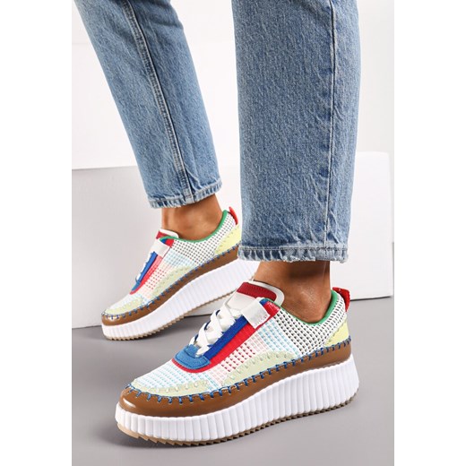 Biało-Brązowe Sneakersy na Platformie Ozdobione Nitami i Patchworkowymi Wstawkami Jeneria ze sklepu renee.pl w kategorii Buty sportowe damskie - zdjęcie 173202695