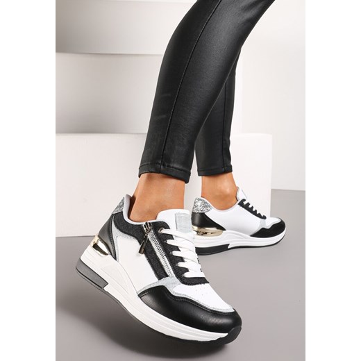 Czarno-Białe Sneakersy z Metaliczną i Brokatową Wstawką na Koturnie Neomalle ze sklepu renee.pl w kategorii Buty sportowe damskie - zdjęcie 173203776