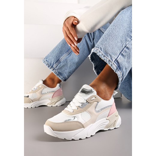 Beżowo-Białe Sneakersy z Metalicznymi i Siateczkowymi Wstawkami Efalia ze sklepu renee.pl w kategorii Buty sportowe damskie - zdjęcie 173203896