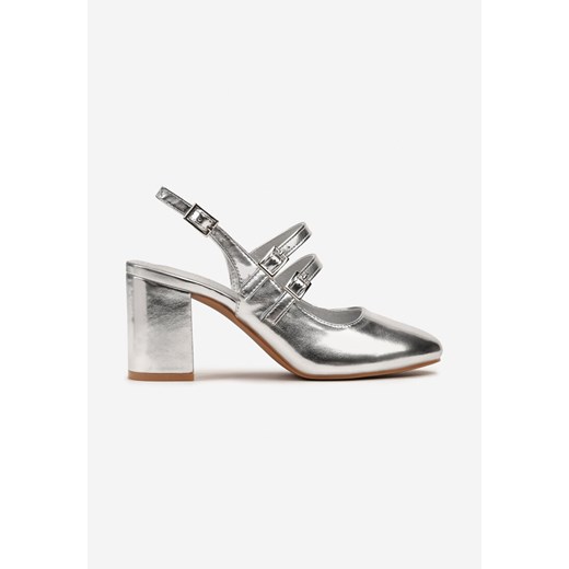 Srebrne Czółenka na Obcasie Ozdobione Cienkimi Paskami Okaria Renee 41 renee.pl