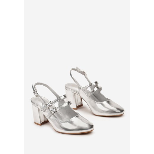Srebrne Czółenka na Obcasie Ozdobione Cienkimi Paskami Okaria Renee 39 renee.pl