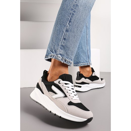 Czarno-Beżowe Sneakersy na Grubej Podeszwie z Materiałowymi Wstawkami i Ozdobnymi Przeszyciami Orbane ze sklepu renee.pl w kategorii Buty sportowe damskie - zdjęcie 173205248