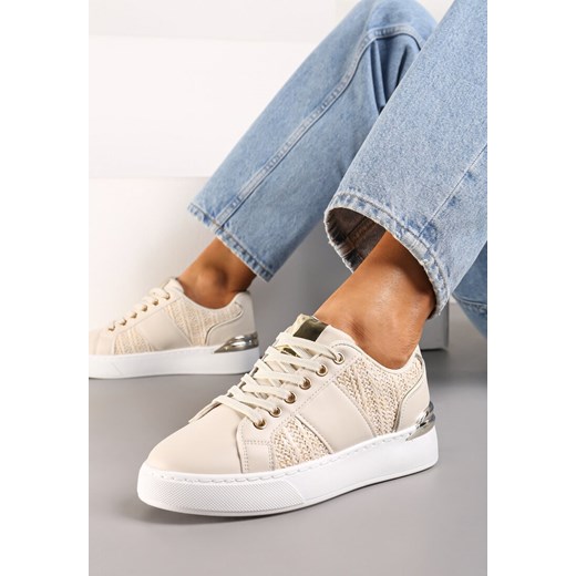Beżowe Sznurowane Sneakersy z Ekoskóry z Plecionką i Metaliczną Wstawką Josephina ze sklepu renee.pl w kategorii Buty sportowe damskie - zdjęcie 173205918