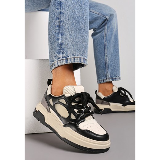Czarne Sneakersy na Niskiej Platformie z Grubymi Sznurowadłami Vansyla Renee 41 renee.pl
