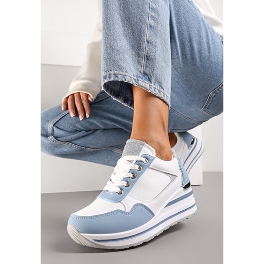 Niebiesko-Białe Sneakersy na Niskiej Platformie ze Wstawkami Brokatowymi Gwenoa ze sklepu renee.pl w kategorii Buty sportowe damskie - zdjęcie 173206159