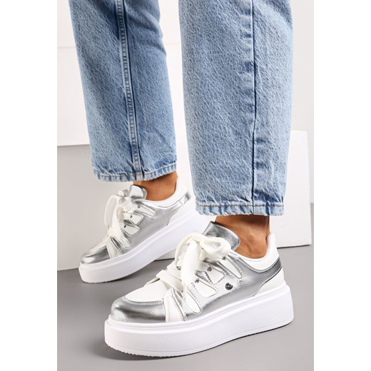 Biało-Srebrne Sneakersy na Grubej Podeszwie przed Kostkę Alisis ze sklepu renee.pl w kategorii Buty sportowe damskie - zdjęcie 173206358