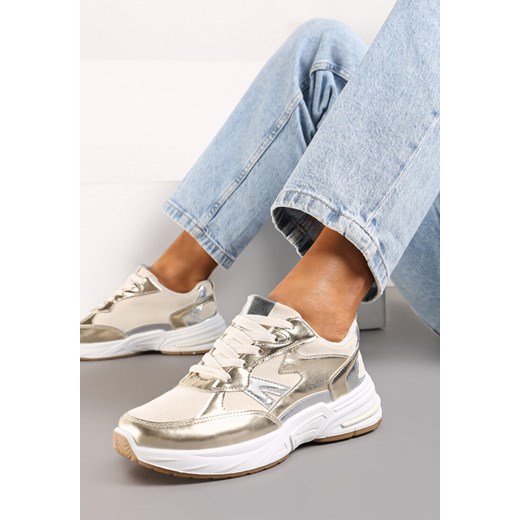 Złote Sneakersy Sznurowane Ozdobione Wstawkami z Materiału Eanfla ze sklepu renee.pl w kategorii Buty sportowe damskie - zdjęcie 173206368
