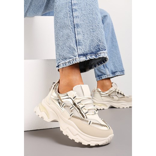 Beżowe Sneakersy z Metalicznymi Wstawkami na Niskiej Platformie z Ozdobnym Sznurkiem Oiriema ze sklepu renee.pl w kategorii Buty sportowe damskie - zdjęcie 173206865