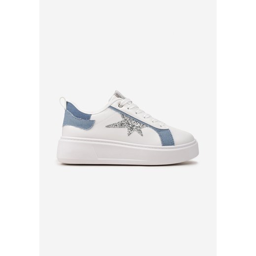 Biało-Niebieskie Sneakersy Ozdobione Brokatem na Niskiej Platformie Leonare Renee 40 renee.pl