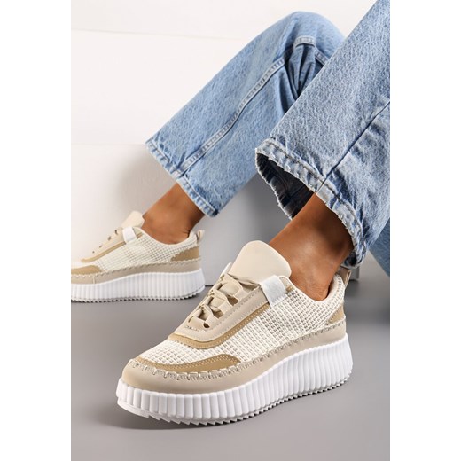 Beżowe Sneakersy na Platformie Ozdobione Tweedowymi Wstawkami i Cyrkoniami Eganna ze sklepu renee.pl w kategorii Buty sportowe damskie - zdjęcie 173210779