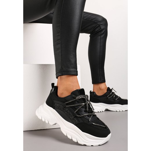 Czarne Sneakersy na Grubej Podeszwie Ozdobione Cyrkoniami i Brokatem Klineria ze sklepu renee.pl w kategorii Buty sportowe damskie - zdjęcie 173213938