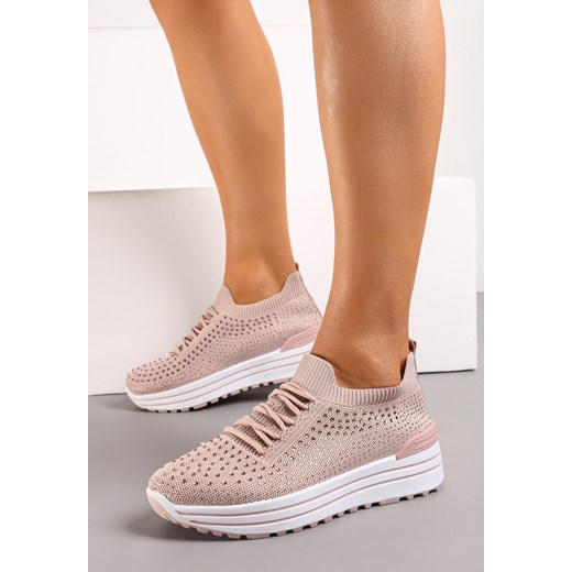 Różowe Wsuwane Sneakersy z Cyrkoniami na Grubej Podeszwie z Materiałową Cholewką Renee 41 renee.pl