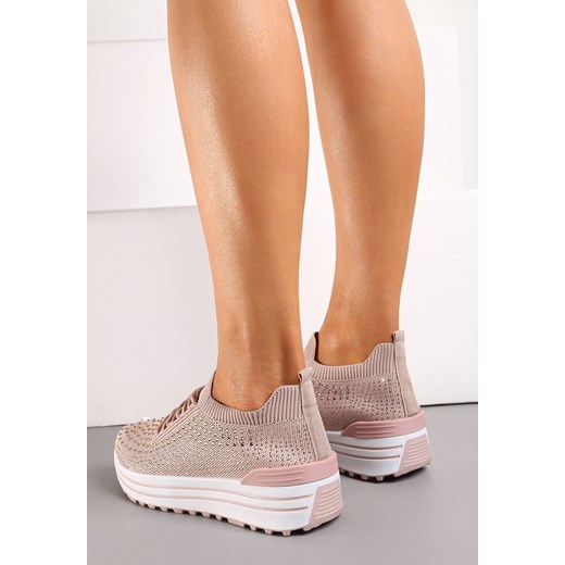 Różowe Wsuwane Sneakersy z Cyrkoniami na Grubej Podeszwie z Materiałową Cholewką Renee 41 renee.pl