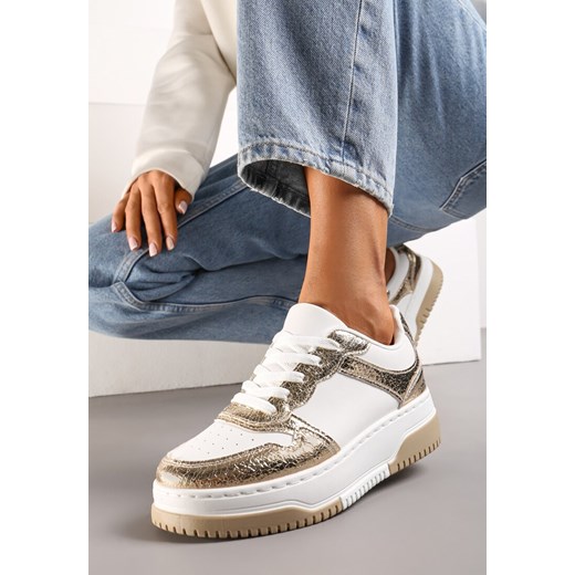 Złoto-Białe Sneakersy na Niskiej Platformie z Ozdobnymi Przeszyciami Huviena ze sklepu renee.pl w kategorii Buty sportowe damskie - zdjęcie 173216968