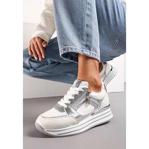 Biało-Srebrne Sneakersy z Brokatowymi Wstawkami i Krótkim Suwakiem Naiwra ze sklepu renee.pl w kategorii Buty sportowe damskie - zdjęcie 173217016