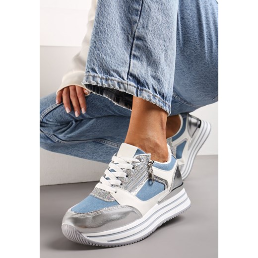 Niebiesko-Srebrne Sneakersy z Brokatowymi Wstawkami i Krótkim Suwakiem Naiwra ze sklepu renee.pl w kategorii Buty sportowe damskie - zdjęcie 173217028