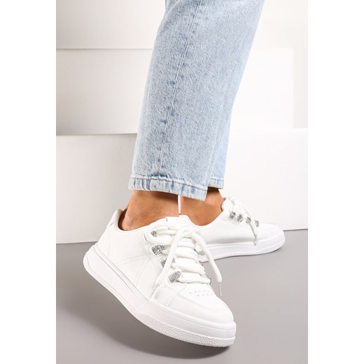 Białe Sznurowane Sneakersy z Ekoskóry z Detalami z Cyrkoniami Falenc ze sklepu renee.pl w kategorii Buty sportowe damskie - zdjęcie 173217586