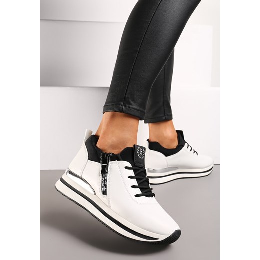 Biało-Czarne Sznurowane Sneakersy na Niskiej Platformie z Ozdobnym Suwakiem Alirapa ze sklepu renee.pl w kategorii Buty sportowe damskie - zdjęcie 173218708