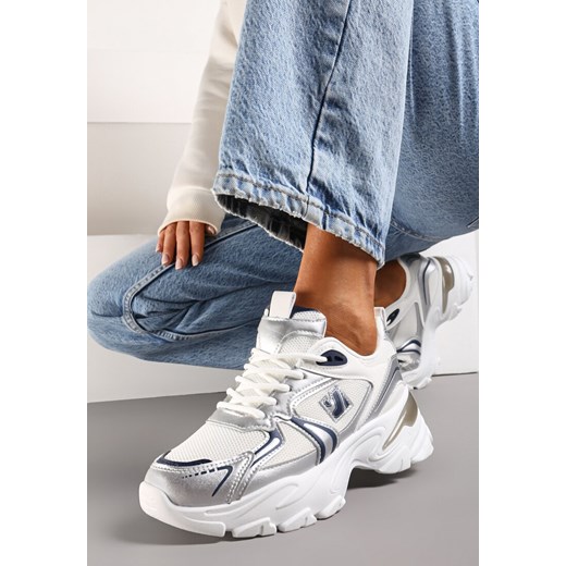 Biało-Srebrne Sznurowane Sneakersy z Ekoskóry na Grubej Podeszwie z Siateczkową Wstawką Aldaria ze sklepu renee.pl w kategorii Buty sportowe damskie - zdjęcie 173218828