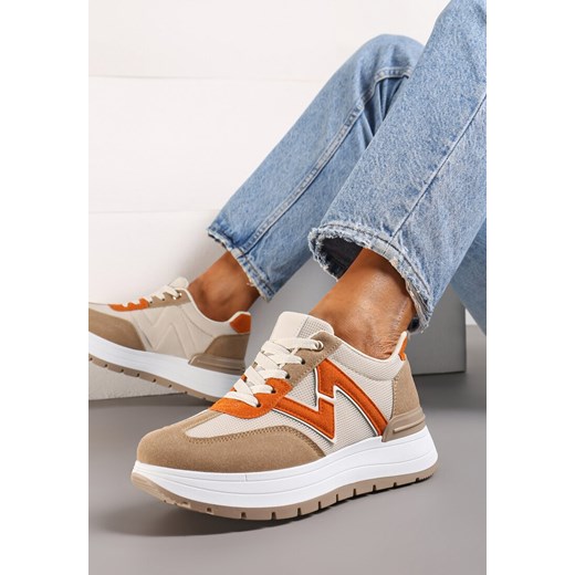 Brązowo-Pomarańczowe Sznurowane Sneakersy na Płaskiej Podeszwie z Metaliczną Wstawką i Brokatem Setraffia ze sklepu renee.pl w kategorii Buty sportowe damskie - zdjęcie 173219896