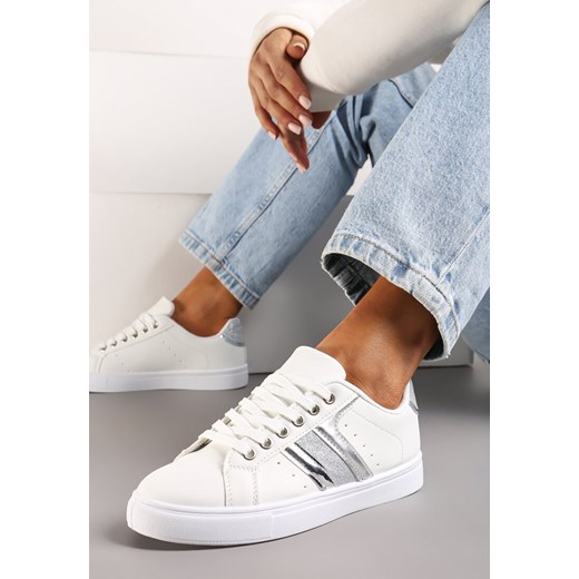 Biało-Srebrne Casualowe Sneakersy z Brokatem i Metalicznym Zdobieniem Tidalis ze sklepu renee.pl w kategorii Buty sportowe damskie - zdjęcie 173220808