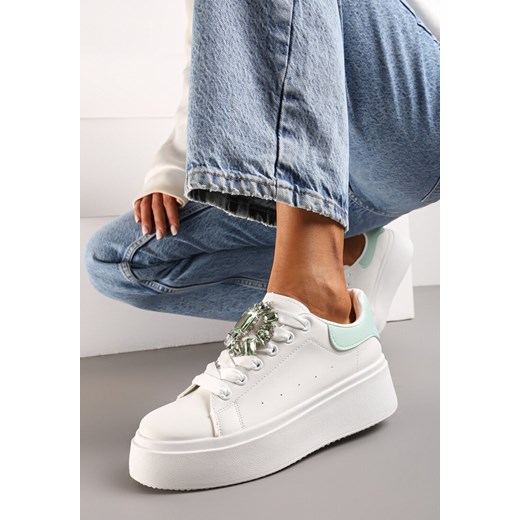 Biało-Zielone Sneakersy na Grubej Podeszwie z Ozdobną Aplikacją Kamienia Renee 41 renee.pl