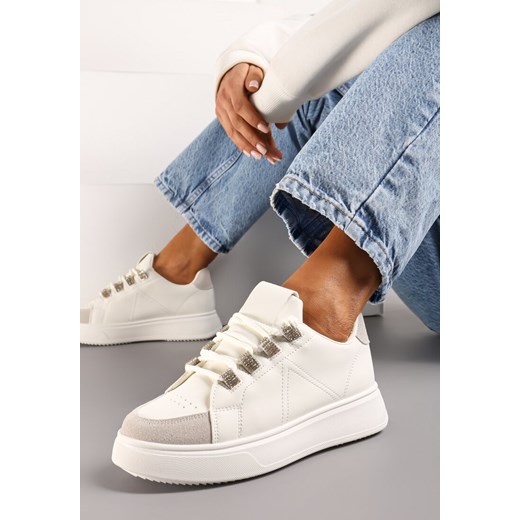 Beżowe Sznurowane Sneakersy z Ekoskóry na Grubej Podeszwie z Ozdobnymi Cyrkoniami Nevarra ze sklepu renee.pl w kategorii Buty sportowe damskie - zdjęcie 173222715