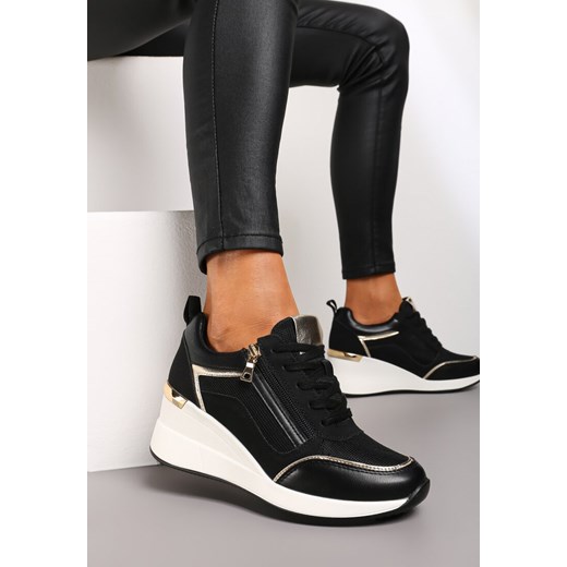 Czarne Sneakersy Ozdobione Suwakiem i Metalowymi Aplikacjami na Koturnie Renee 41 renee.pl