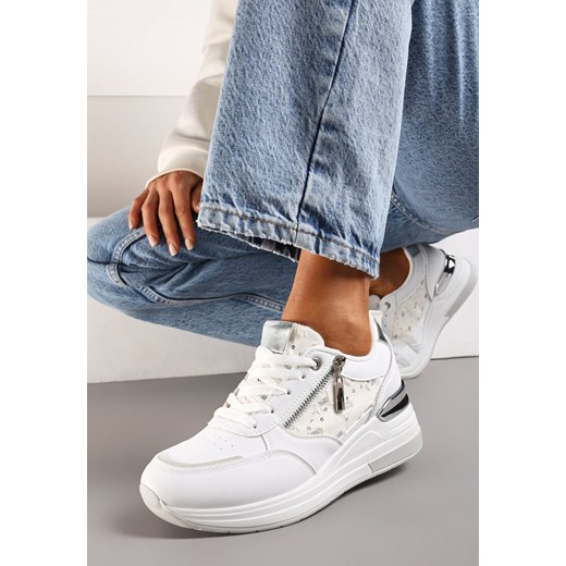 Biało-Srebrne Sneakersy na Koturnie z Ozdobną Wstawką z Suwakiem i Sznurowaniem Dastas ze sklepu renee.pl w kategorii Buty sportowe damskie - zdjęcie 173223219