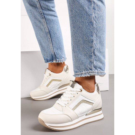 Beżowe Sneakersy na Ukrytym Koturnie Ozdobione Brokatem i Metaliczną Wstawką Renee 37 renee.pl