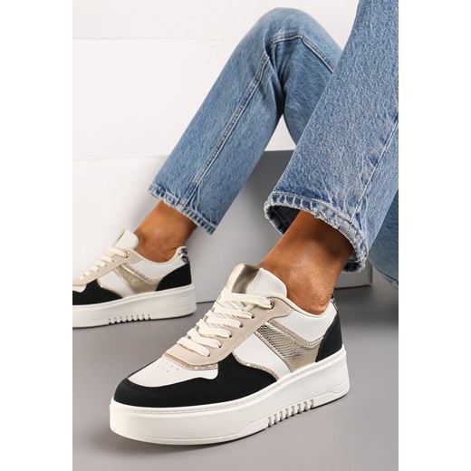Beżowo-Czarne Sneakersy na Platformie z Brokatowymi Akcentami Sellona ze sklepu renee.pl w kategorii Buty sportowe damskie - zdjęcie 173223405