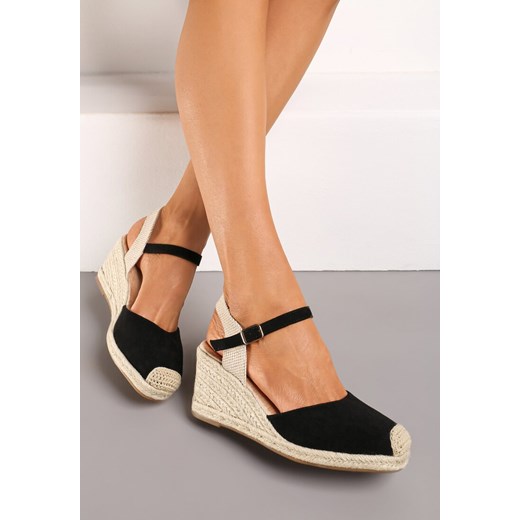 Czarne Sandały w Stylu Espadryli z Plecionką i Zapięciem przy Kostce Virailia ze sklepu renee.pl w kategorii Espadryle damskie - zdjęcie 173223435
