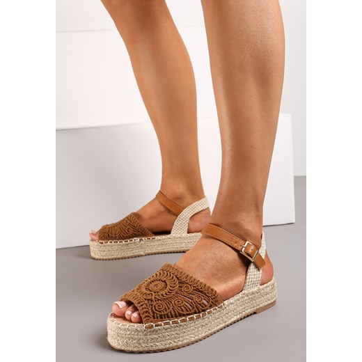 Brązowe Sandały Espadryle z Plecionym Noskiem Peep Toe i Jutową Platformą Drelpa ze sklepu renee.pl w kategorii Sandały damskie - zdjęcie 173225055