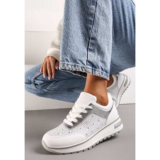 Białe Sznurowane Sneakersy z Ekoskóry z Cyrkoniami na Grubej Podeszwie Arpite ze sklepu renee.pl w kategorii Buty sportowe damskie - zdjęcie 173225715