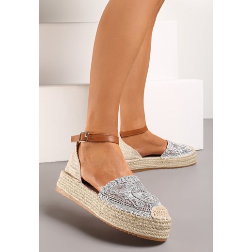Srebrne Ażurowe Espadryle na Niskiej Platformie Plecionej z Zapięciem wokół Kostki Piervia ze sklepu renee.pl w kategorii Espadryle damskie - zdjęcie 173225997