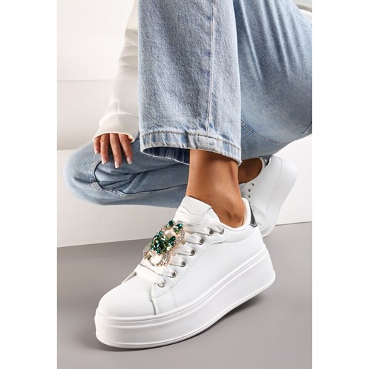 Biało-Zielone Sneakersy z Platformą i Odpinanymi Biżuteryjnymi Aplikacjami na Sznurówkach Tamaki ze sklepu renee.pl w kategorii Buty sportowe damskie - zdjęcie 173232268