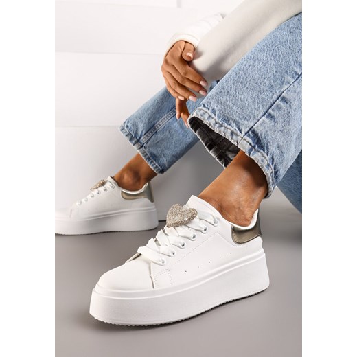 Biało-Złote Wiązane Casualowe Sneakersy na Platformie z Cyrkoniami i Metalową Aplikacją Illita ze sklepu renee.pl w kategorii Buty sportowe damskie - zdjęcie 173239717