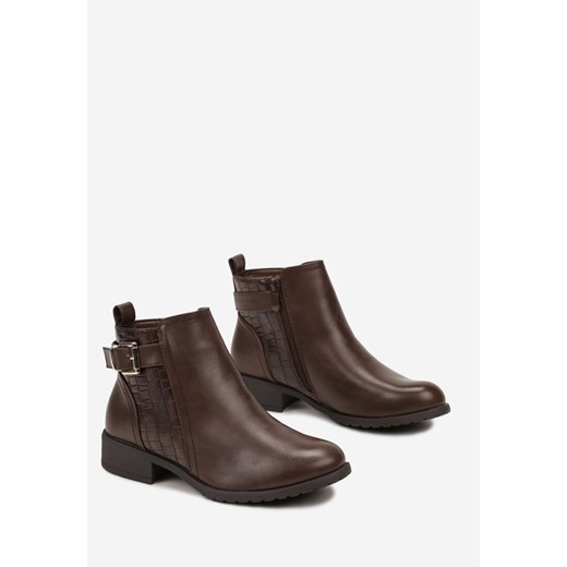 Brązowe Botki z Ekoskóry ze Zwierzęcym Motywem i Ozdobną Klamrą Avalone Renee 37 renee.pl