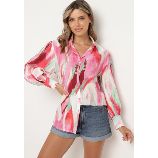 Różowo-Biała Koszula z Długim Rękawem i Kolorowym Printem Tertatia ze sklepu Born2be Odzież w kategorii Koszule damskie - zdjęcie 173257559