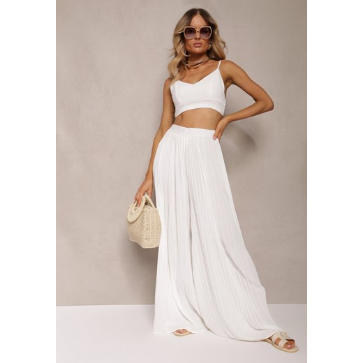Białe Szerokie Spodnie z Plisami High Waist Mirealli ze sklepu Renee odzież w kategorii Spodnie damskie - zdjęcie 173277799