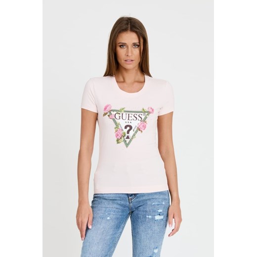 GUESS Różowy t-shirt Floral Triangle Tee, Wybierz rozmiar XL ze sklepu outfit.pl w kategorii Bluzki damskie - zdjęcie 173281457